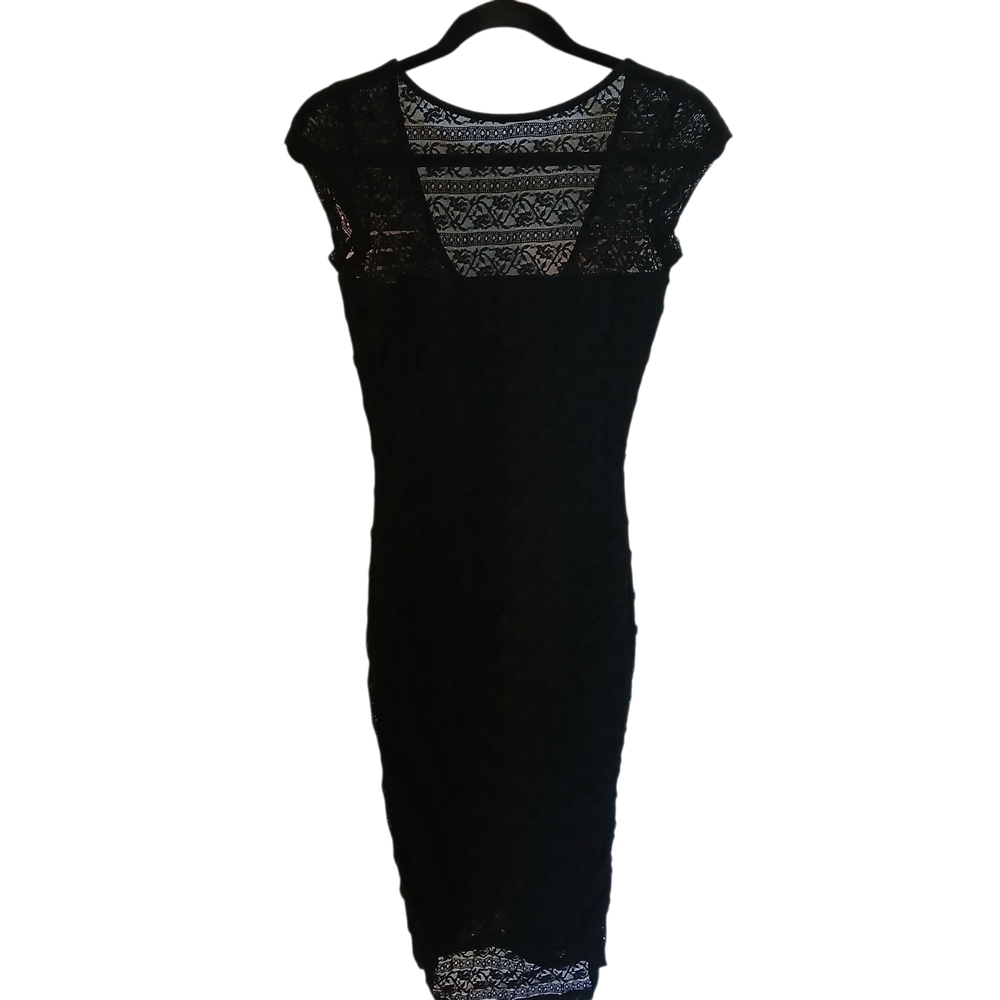 Asos Elegant Black Lace Midi Dress Cut Out Back Size 6 Cap Sleeve High Lace Neck